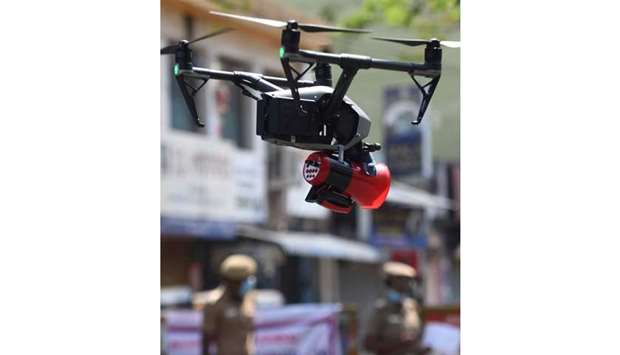 A drone used by police to monitor activities of people and spread awareness announcements is seen in Chennai yesterday.