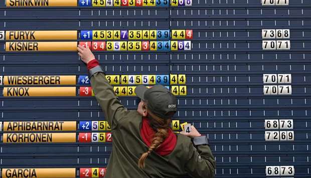 In this July 20, 2019, picture, the scoreboard is updated during the third round of the British Open Golf Championships at Royal Portrush golf club in Northern Ireland. (AFP)