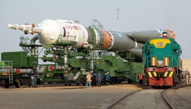 Soyuz MS-16 spacecraft is transported to the launch pad at the Russian-leased Baikonur cosmodrome in Kazakhstan