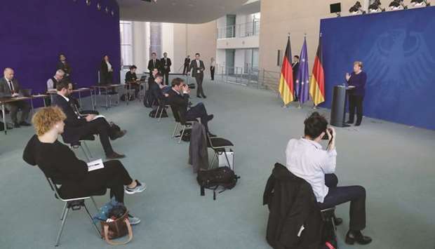 German Chancellor Angela Merkel briefs the media about German governmentu2019s measures to avoid further spread of the coronavirus, at the chancellery in Berlin. Merkel reiterated her governmentu2019s position in favour of activating the European Stability Mechanism (ESM) bailout fund to help countries that needed it.