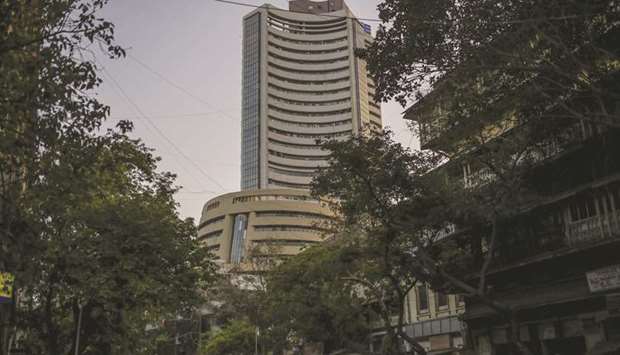 The Bombay Stock Exchange building in Mumbai. The Sensex closed up 2,476 points to 30,067 yesterday, its biggest one-day gain in percentage terms in over 10 years.