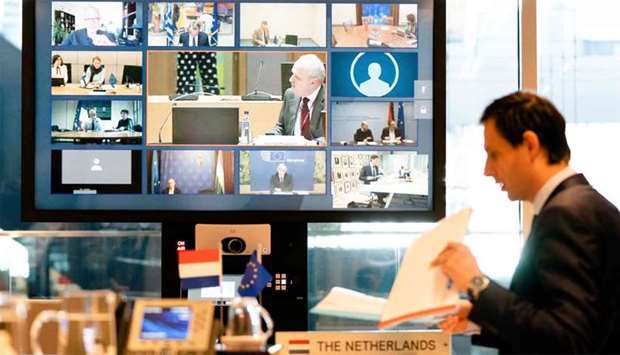Netherlands' Finance Minister Wopke Hoekstra looks on during a video conference with EU finance ministers in The Hague