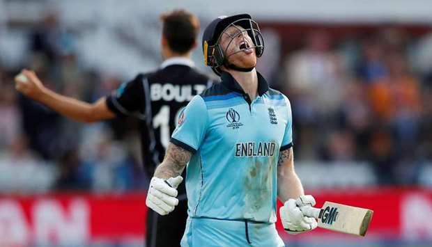 In this July 14, 2019, picture, Englandu2019s Ben Stokes reacts after running 3 in the superover of the ICC Cricket World Cup final against New Zealand at Lordu2019s in London, United Kingdom. (Reuters)