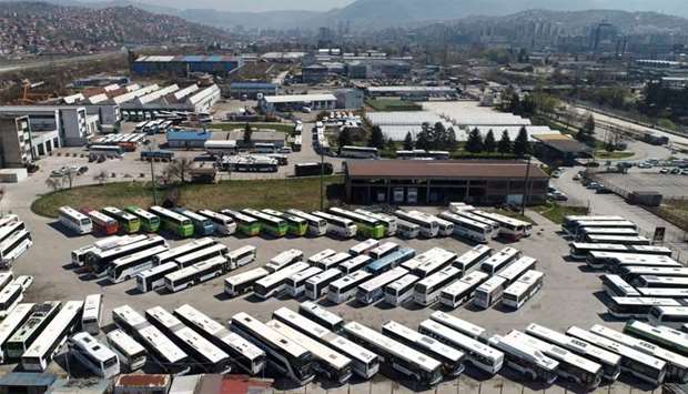 Aeiral image shows Centrotrans Eurolines busses parked in front company headquarter in Sarajevo