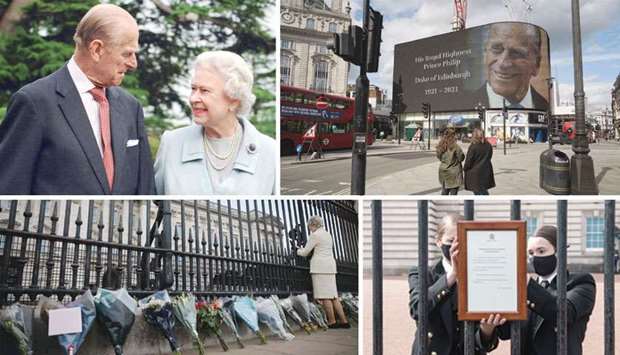 (Clockwise from top left); This file photo taken in 2007 shows Queen Elizabeth II and her husband, Prince Philip, at Broadlands, Hampshire; The electronic billboard at Piccadilly Circus displays a tribute to Prince Philip, the Duke of Edinburgh, in central London; An official notice announcing the death of Prince Philip is placed on the gates of Buckingham Palace in central London; Floral tributes are seen against the railings at the front of Buckingham Palace in central London. 