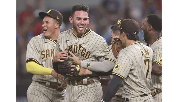 Joe Musgrove of the San Diego Padres celebrates with his team after pitching a no-hitter against the Texas Rangers at Globe Life Field in Arlington, Texas. (Getty Images/AFP)