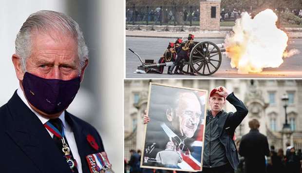 (Left) Britainu2019s Prince Charles (file photo). (Top right) Members of The Kingu2019s Troop Royal Horse Artillery fire a gun salute to mark the death of Prince Philip at the Parade Ground, Woolwich Barracks in central London yesterday. (Bottom Right): A man holds a poster depicting Prince Philip outside Buckingham Palace in London. (Reuters)