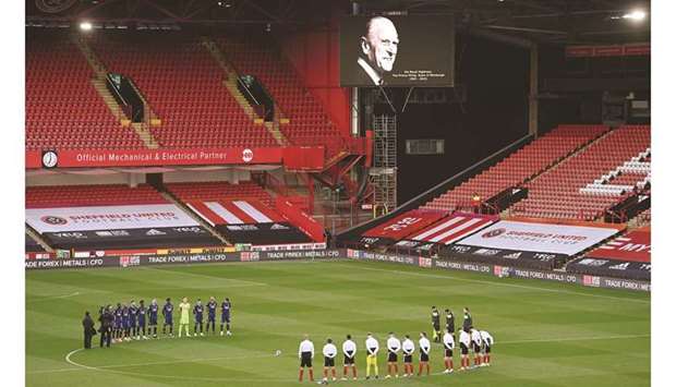 Sheffield United and Arsenal players observed a two-minute silence for Prince Philip prior to their EPL game in Bramall Lane, Sheffield, on Sunday. (AFP)