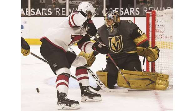 Marc-Andre Fleury of the Vegas Golden Knights makes a save against Dryden Hunt of the Arizona Coyotes in the first period of their game at T-Mobile Arena in Las Vegas, Nevada. (Getty Images/AFP)