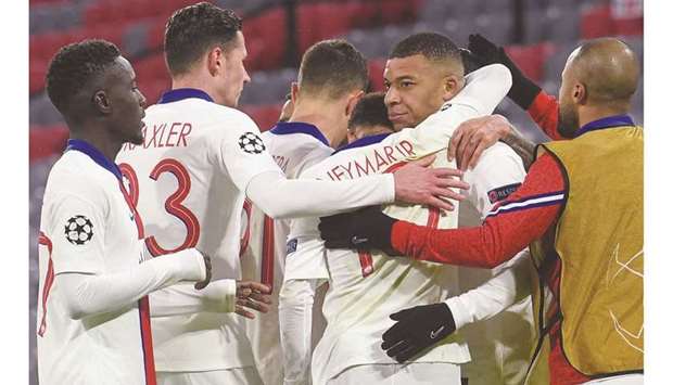 Bayern Munich will have their work cut out trying to neutralise the threat of PSG forward Kylian Mbappe (second right), who netted a brace in the first leg. (AFP)