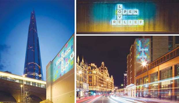 Scrabble words that reflect the mood of the nation as the  coronavirus disease lockdown eases are displayed at London Bridge by The Shard (left), at Brick Lane (right), and at  Knightsbridge near Harrods (below), in London.