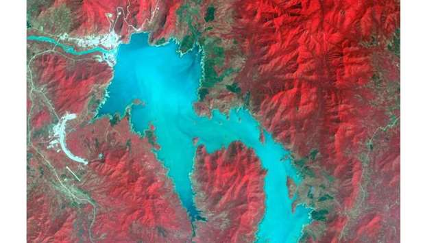 The Blue Nile River is seen as the Grand Ethiopian Renaissance Dam reservoir fills near the Ethiopia-Sudan border, in this broad spectral image taken November 6, 2020. NASA/METI/AIST/Japan Space Systems, and U.S./Japan ASTER Science Team/Handout via REUTERS/File Photo
