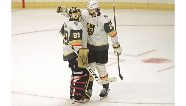 Vegas Golden Knights goaltender Marc-Andre Fleury (left) and defenseman Nicolas Hague celebrate their 6-2 victory against the Los Angeles Kings in Los Angeles. (USA TODAY Sports)