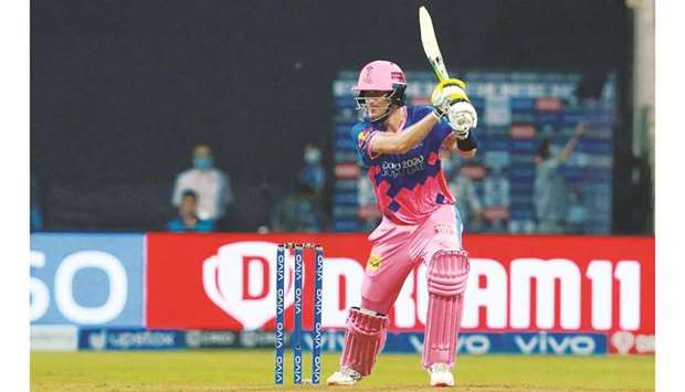 Chris Morris of Rajasthan Royals plays a shot during match 7 of the Vivo Indian Premier League 2021 against the Delhi Capitals at the Wankhede Stadium in Mumbai yesterday. (Sportzpics for IPL)