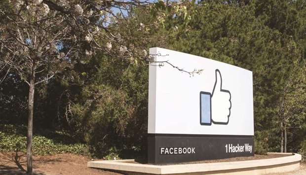 The thumbs up logo outside of the Facebook headquarters in Menlo Park,  California. The social network said it had reduced its greenhouse gas emissions by 94% over the past three years, and its operations were now supported by 100% renewable energy.