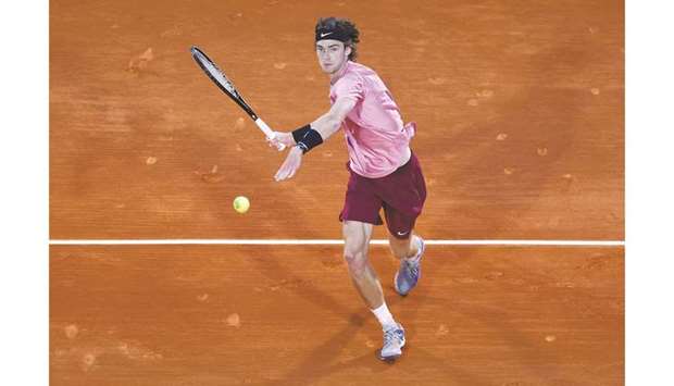 Russiau2019s Andrey Rublev in action during his Monte Carlo Masters quarter-final against Spainu2019s Rafael Nadal yesterday. (Reuters/AFP)