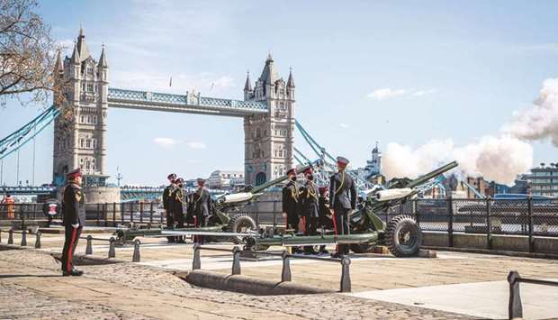A view of the gun salute at the Tower of London, where a single round was fired followed by another round a minute later to begin and end the National Minute Silence before the funeral service of Prince Philip.