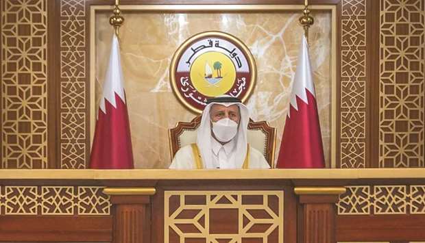 HE the Speaker Ahmed bin Abdullah bin Zaid al-Mahmoud presides over Shura Council session through video conference.