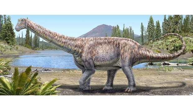 An artist's impression of a plant-eating dinosaur whose remains scientists discovered in the Atacama Desert in Chile. National Museum Of Natural History (Museo Nacional De Historia Natural)/Handout via REUTERS