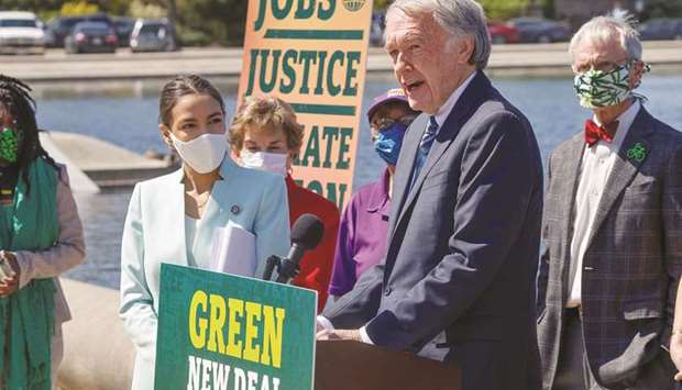 Ocasio-Cortez and Markey at the news conference to re-introduce the Green New Deal, at the US Capitol in Washington.