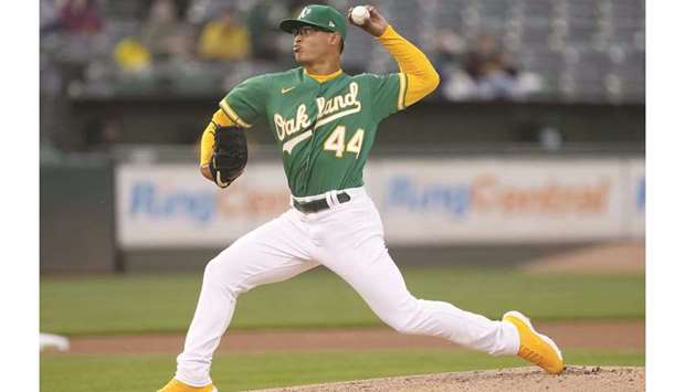 Jesus Luzardo of the Oakland Athletics pitches against the Minnesota Twins in the first inning during game two of a double header at RingCentral Coliseum in Oakland, California. (Getty Images/AFP)