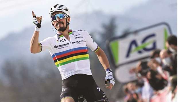 French cyclist Julian Alaphilippe of Deceuninck-Quick-Step celebrates his win in the 85th edition of the menu2019s race of u2018La Fleche Wallonneu2019, a one-day cycling race, in Huy, Belgium, yesterday. (AFP)