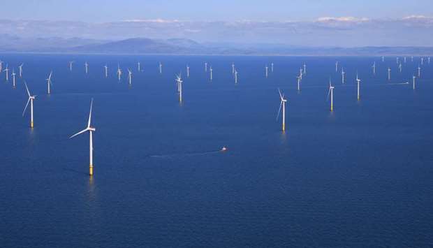General view of the Walney Extension offshore wind farm operated by Orsted off the coast of Blackpoo