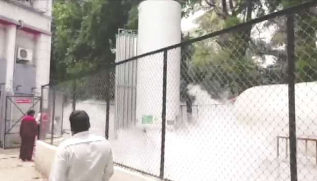 An oxygen tanker leaks at hospital premises where Covid-19 patients died due to lack of oxygen in Nashik in this still image taken from video. (Reuters)
