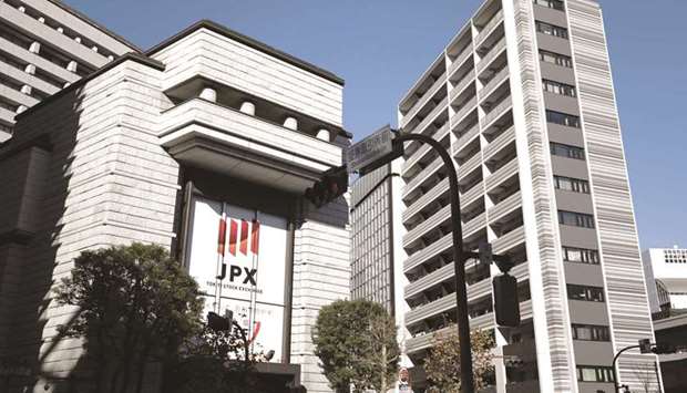 An external view of the Tokyo Stock Exchange building. The Nikkei 225 closed up 2.4% to 29,188.17 points yesterday.