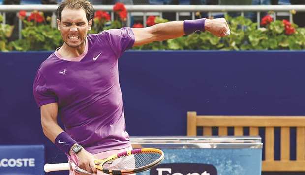 Spainu2019s Rafael Nadal celebrates defeating Japanu2019s Kei Nishikori at the Barcelona Open yesterday. (AFP)