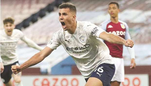 Manchester Cityu2019s Rodri celebrates his goal during the match against Aston Villa on Wednesday. (AFP)