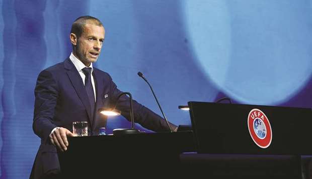 UEFA President Aleksander Ceferin addresses the 45th Ordinary UEFA Congress in Montreux, Switzerland, on Tuesday. (Reuters)