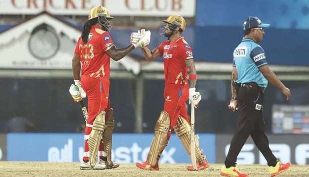 Punjab Kingsu2019 KL Rahul and Chris Gayle celebrate after their win over Mumbai Indians in the Indian Premier League in Chennai yesterday. (Sportzpics for IPL)