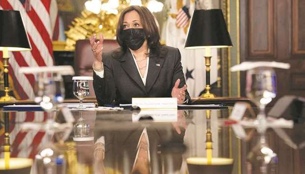 Vice-President Harris is seen in this picture taken on Friday before a meeting about the Northern Triangle migration crisis, in the Eisenhower Executive Office Building on the White House campus, Washington, DC.