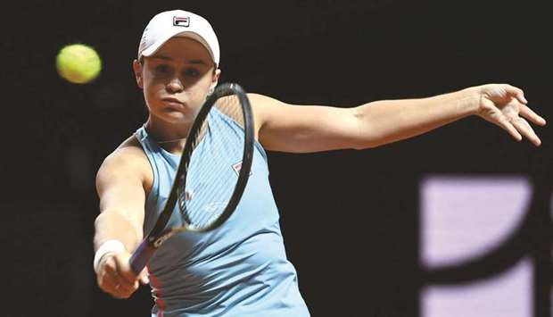 Australiau2019s Ashleigh Barty in action during the Tennis Grand Prix final against Belarusu2019 Aryna Sabalenka (not pictured) in Stuttgart, Germany, on Sunday. (Reuters)