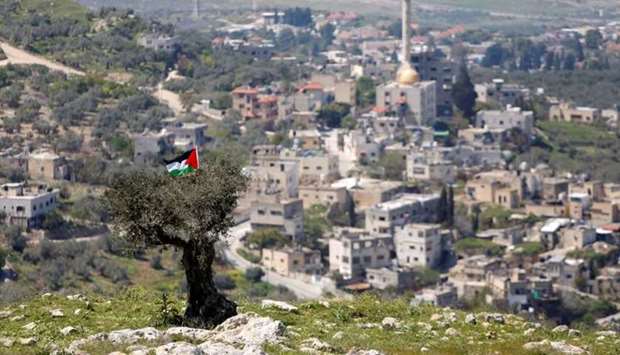 A Palestinian flag hangs on a tree during a protest against Jewish settlements in An-Naqura village near Nablus, in the Israeli-occupied West Bank March 29. REUTERS