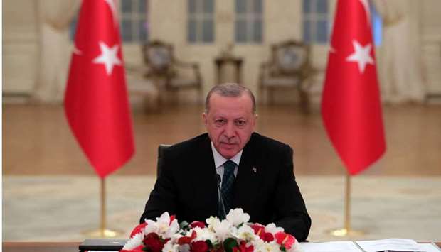 (File photo) Turkish President Tayyip Erdogan attends a Climate Summit video conference at the Presidential Palace in Ankara, Turkey on April 22, 2021. (Reuters)