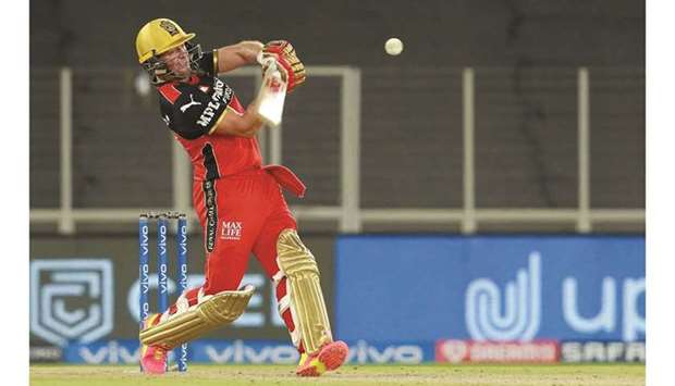 AB de Villiers of Royal Challengers Bangalore plays a shot during their IPL match against the Delhi Capitals at the Narendra Modi Stadium in Ahmedabad yesterday. (Sportzpics for IPL)