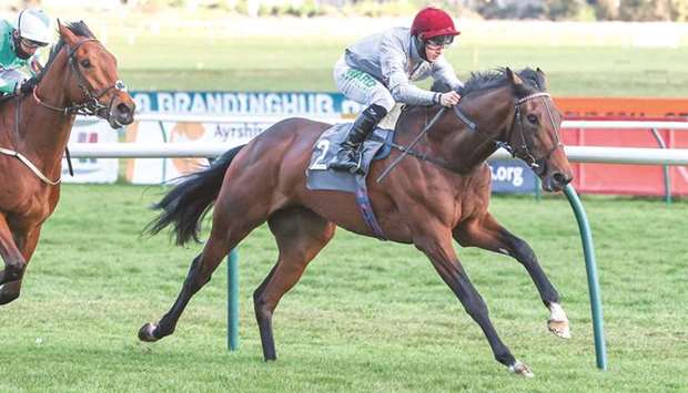 Jason Hart rides Noman to novice stakes victory in Ayr, Scotland, on Tuesday. (racingfotos)