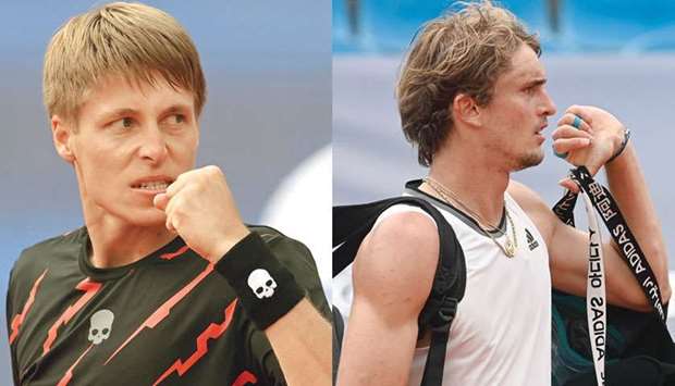 Belarusu2019 Ilya Ivashka celebrates his win over Germanyu2019s Alexander Zverev (right) in their BMW Open quarter-final in Munich yesterday. (AFP)