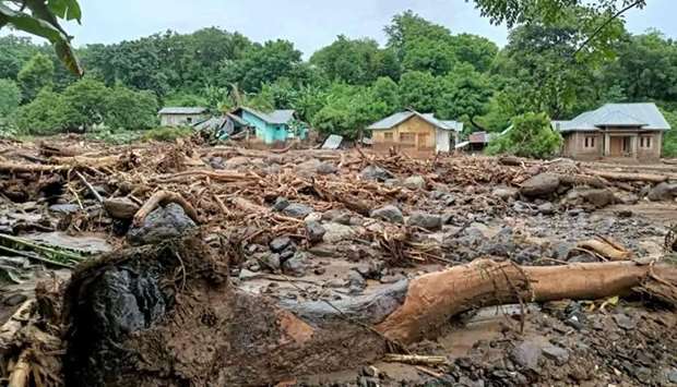 This general view shows debris left behind in the town of Adonara in East Flores, after flash floods and landslides swept eastern Indonesia and neighbouring East Timor