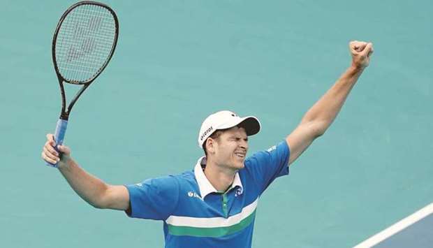 Hubert Hurkacz of Poland celebrates after winning the Miami Open final at Hard Rock Stadium in Miami Gardens, Florida, United States, yesterday. (AFP)