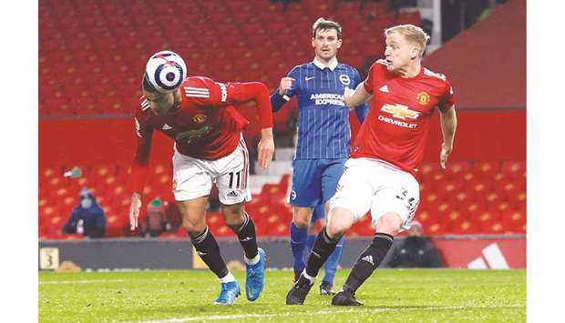 Manchester Unitedu2019s Mason Greenwood (left) scores the winner against Brighton during the Premier League match in Manchester on Sunday night. (Reuters)