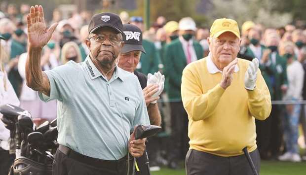 Honorary starters Lee Elder and Jack Nicklaus of the US with South Africau2019s Gary Player during the ceremonial start on the Masters yesterday.