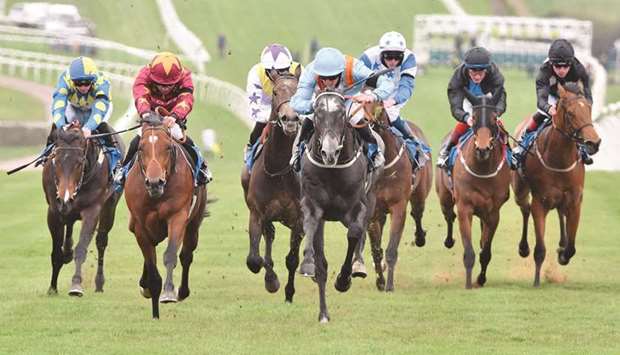 Sean Levey (second from left) rides Gubbass to British Stallion Studs EBF Novice Stakes victory in Leicester on Friday. (JDG)