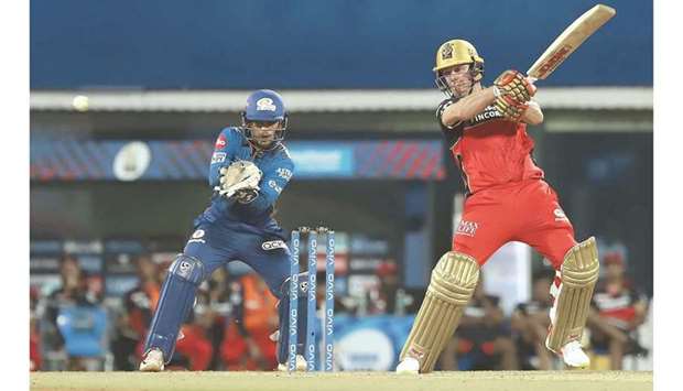 AB de Villiers of Royal Challengers Bangalore plays a shot during the first Indian Premier League 2021 match against Mumbai Indians at the M. A. Chidambaram Stadium in Chennai, India, yesterday. (IPL)
