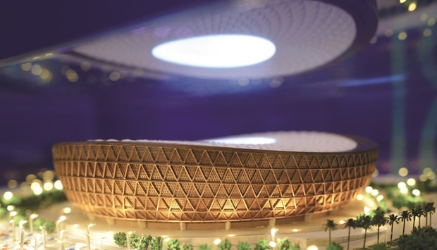 A miniature model of the Lusail Stadium for the upcoming FIFA 2022 World Cup in soccer later this year is seen.