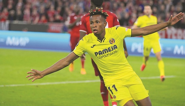 Villarrealu2019s Samuel Chukwueze celebrates after scoring against Bayern Munich in the Champions League. (AFP)