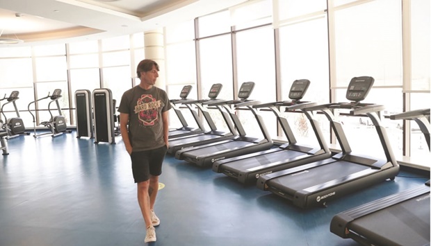 An Argentine team official inspects the gymnasium at the Qatar University  campus earlier this month.