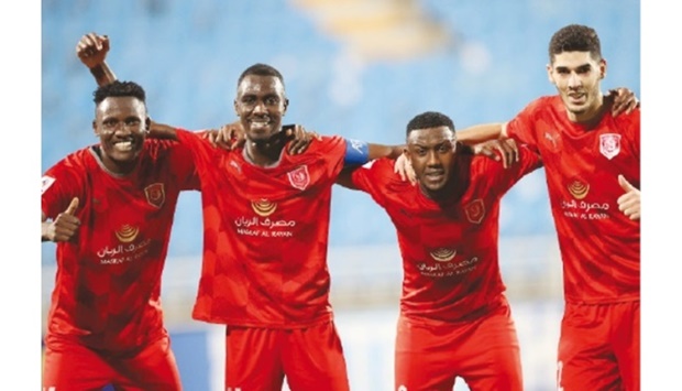 Al Duhail players (from left) Michael Olunga, Mohamed Musa, Almoez Ali, and Karim Boudiaf celebrate a goal against Uzbekistanu2019s Pakhtakor during their AFC Champions League, Group D match in Buraidah, Saudi Arabia, on Monday.
